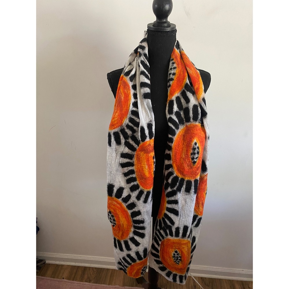 Pomegranate Moon Handmade Merino Wool Nuno Felted Scarf Orange Black White Nepal